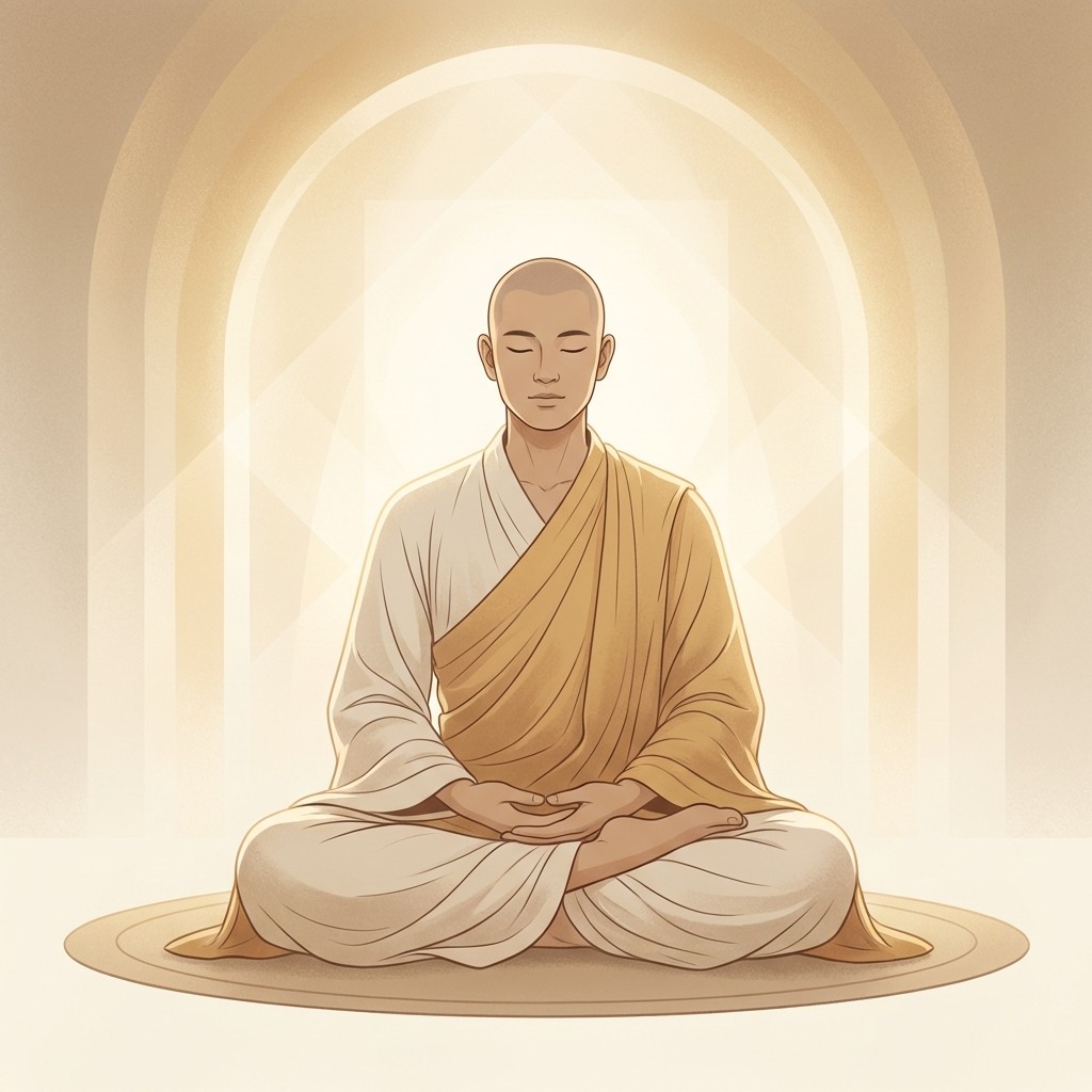 Minimalist illustration of a monk meditating in a peaceful, glowing arched space.